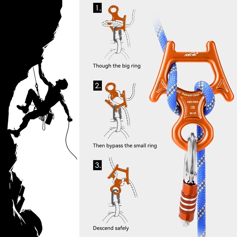 AOKWIT 30kN Figure 8 Descender 7075 Aluminum Alloy Heavy Duty Belaying and Rappelling Device Tree Climbing Gear for Rock Climbing Mountaineering Arborist Caving Rescue Aerial Work Yoga 8-12mm Ropes - Image 4